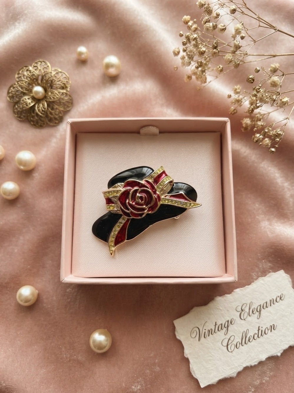 Vintage-Inspired Black & Red Rose Brooch - Elegant Women’s Jewelry Buy it now!